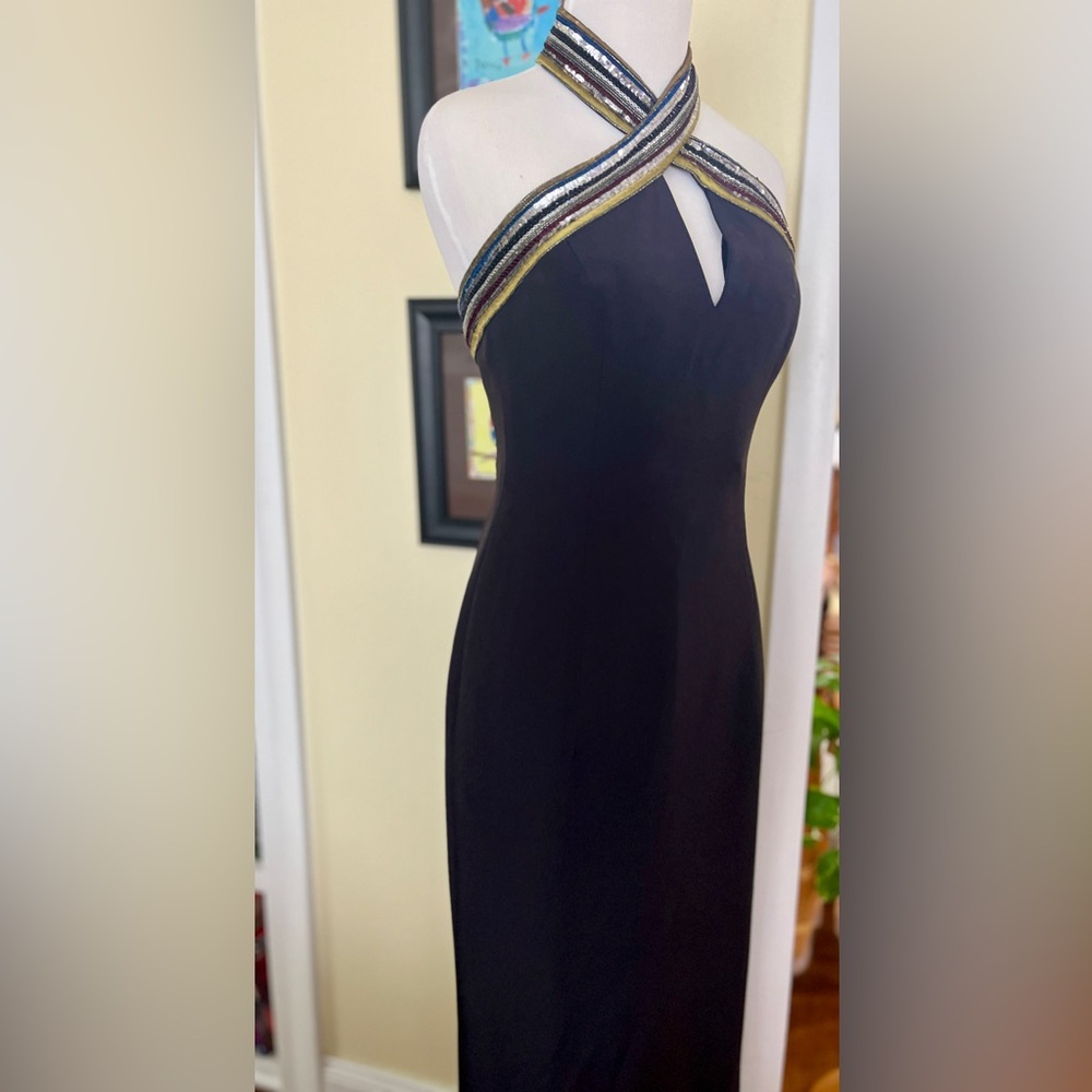 ESCADA Dress Formal Gown Black Sequin Stripe Trim Twist Halter Neck SZ 34/4 - Picture 8 of 16